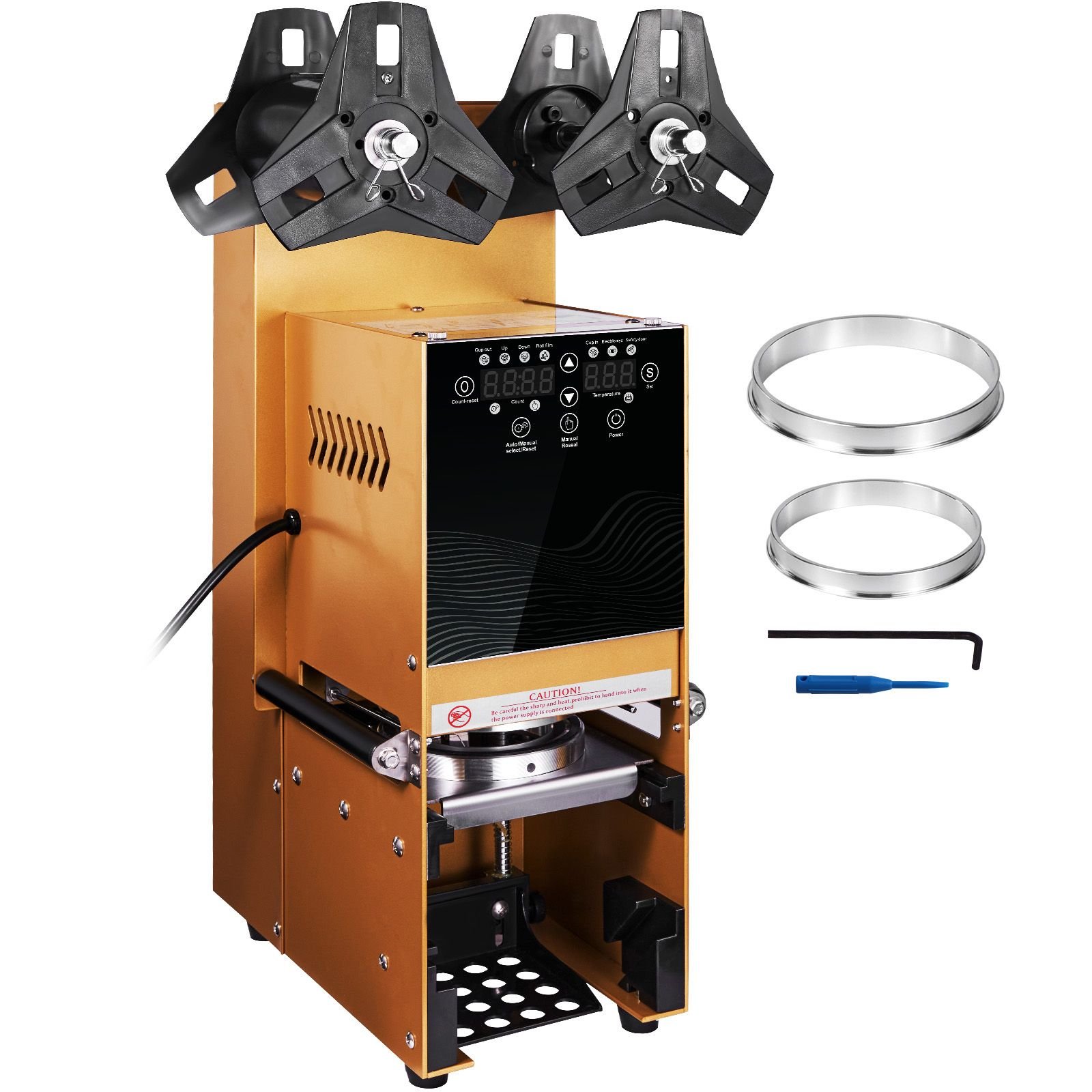 fully automatic cup sealing machine, 500 650 cups/h, cup sealer machine for 180 mm tall & 90/95 mm cup, electric boba tea sealer with digital control lcd panel for bubble milk tea coffee, gold
