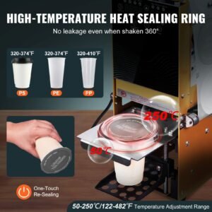 fully automatic cup sealing machine, 500 650 cups/h, cup sealer machine for 180 mm tall & 90/95 mm cup, electric boba tea sealer with digital control lcd panel for bubble milk tea coffee, gold