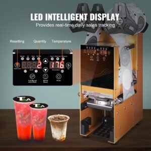 fully automatic cup sealing machine, 500 650 cups/h, cup sealer machine for 180 mm tall & 90/95 mm cup, electric boba tea sealer with digital control lcd panel for bubble milk tea coffee, gold