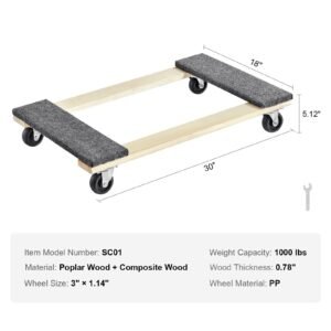 furniture dolly, 1000 lbs load capacity, 18" x 30", 4 x 3" pp swivel casters, heavy duty hardwood furniture moving dolly, mover's dolly, moving cart with wheels for heavy furniture home cleaning