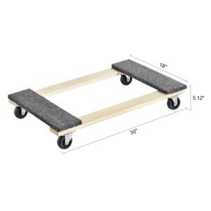furniture dolly, 1000 lbs load capacity, 18" x 30", 4 x 3" pp swivel casters, heavy duty hardwood furniture moving dolly, mover's dolly, moving cart with wheels for heavy furniture home cleaning