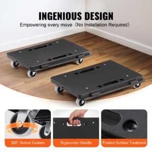 furniture dolly, 500 lbs capacity each count, furniture mover with wheels, portable moving rollers 4 wheels heavy duty, small flat dolly cart with interlocking for heavy furniture, 2 pack, black