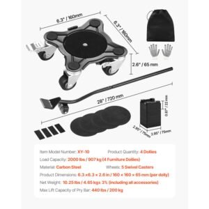 furniture dolly, maximum load 1200 lbs, heavy duty furniture movers with 5 360° rotation wheels, carbon steel panel, furniture lift slider tool set for appliances, sofa, fridge, washing machine