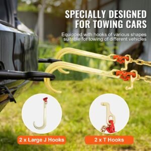g80 v bridle chain, 3/8" x 2' towing chain bridle with 15" j hooks, t hooks & grab hooks, heavy duty transport tow chain bridle with 7800 lbs safe working load for flatbed truck wrecker recovery