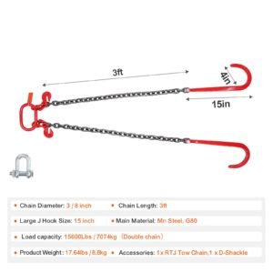 g80 v bridle chain, 3/8" x 3' towing chain bridle with 15" j hooks and grab hooks, heavy duty transport tow chain bridle with 7800 lbs safe working load for flatbed trailer wrecker recovery