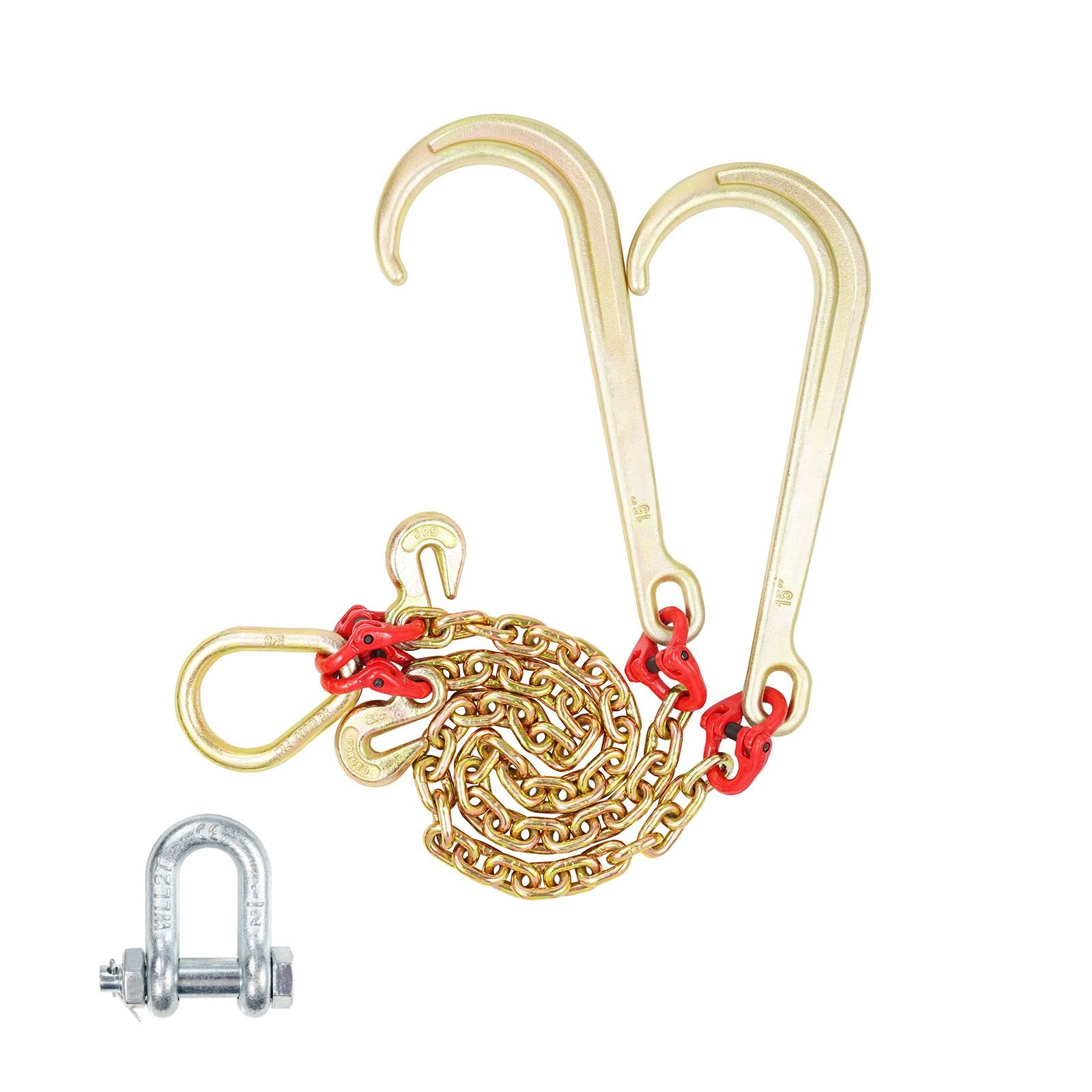 g80 v bridle chain, 5/16" x 2' towing chain bridle with 15" j hooks and grab hooks, heavy duty transport tow chain bridle with 10800 lbs safe working load for flatbed truck wrecker recovery