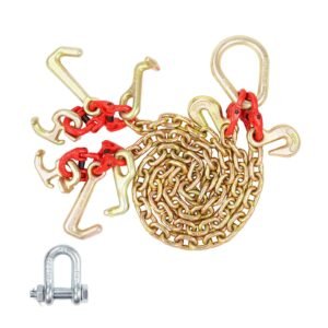 g80 v bridle chain, 5/16" x 3' towing chain bridle with r hooks, t hooks, j hooks and grab hooks, transport tow chain bridle with 10800 lbs safe working load for flatbed truck wrecker recovery