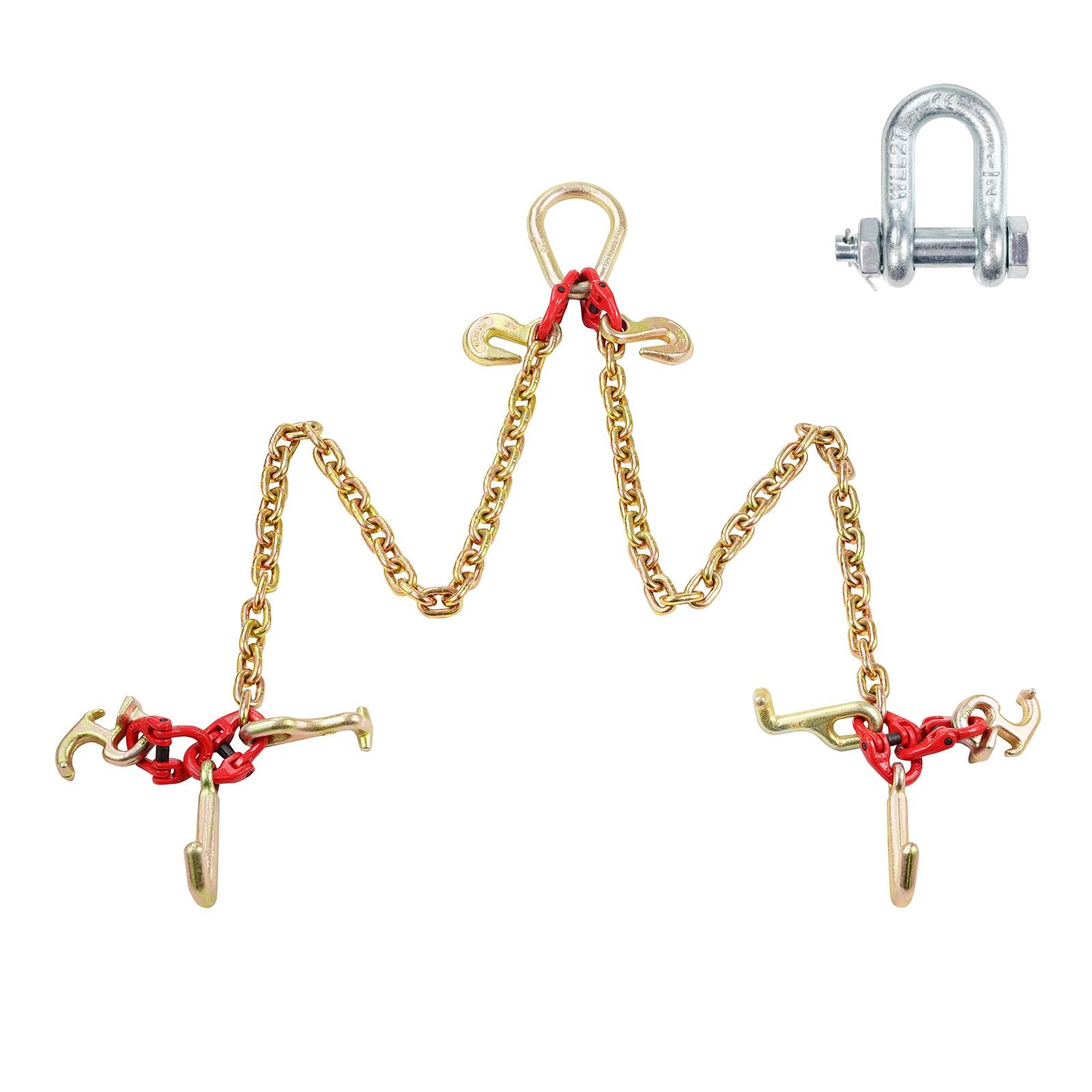 g80 v bridle chain, 5/16" x 3' towing chain bridle with r hooks, t hooks, j hooks and grab hooks, transport tow chain bridle with 10800 lbs safe working load for flatbed truck wrecker recovery