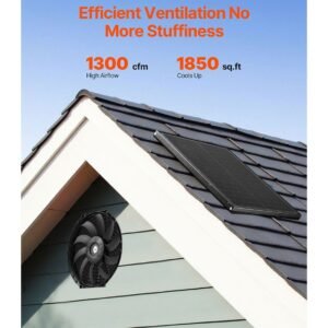gable mount fan, 12 inch solar power attic exhaust fan with adjustable thermostat & outer mesh, 1300 cfm house ventilator cools up to 1850 sq.ft, quiet ventilation for roof, garage, shop, black