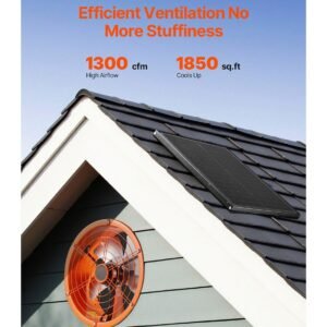 gable mount fan, 14 inch solar power attic exhaust fan with adjustable thermostat & outer mesh, 1300 cfm house ventilator cool upto 1850 sq.ft, quiet ventilation for roof, garage, shop, black
