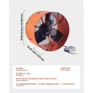 gable mount fan, 16 inch attic exhaust fan with adjustable thermostat & outer mesh, 2940 cfm house ventilator cools up to 4200 sq.ft, quiet ventilation for roof, garage & shop, vibrant orange