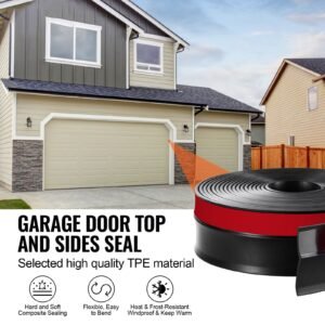 garage door seal top and sides seal strip, 20 ft universal weather stripping replacement soft and hard composite, weatherproofing garage door tpe seals with adhesive backed and screws, black