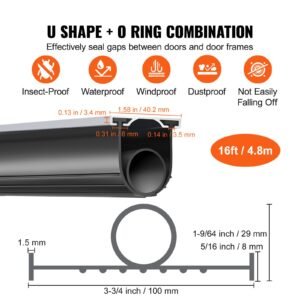 garage door seals bottom rubber, u shape +o ring combination garage door weather stripping with pre drilled aluminum track retainer kit, 5/16 inch t ends and 3 3/4 inch width (16 ft, black)