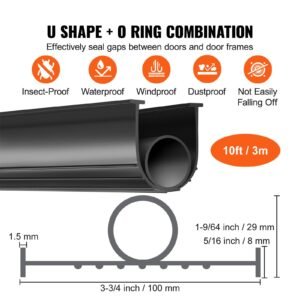 garage door seals bottom rubber, u shape +o ring garage door weather stripping, universal weatherproof threshold buffering sealing rubber , 5/16 inch t ends and 3 3/4 inch width (10 ft, black)