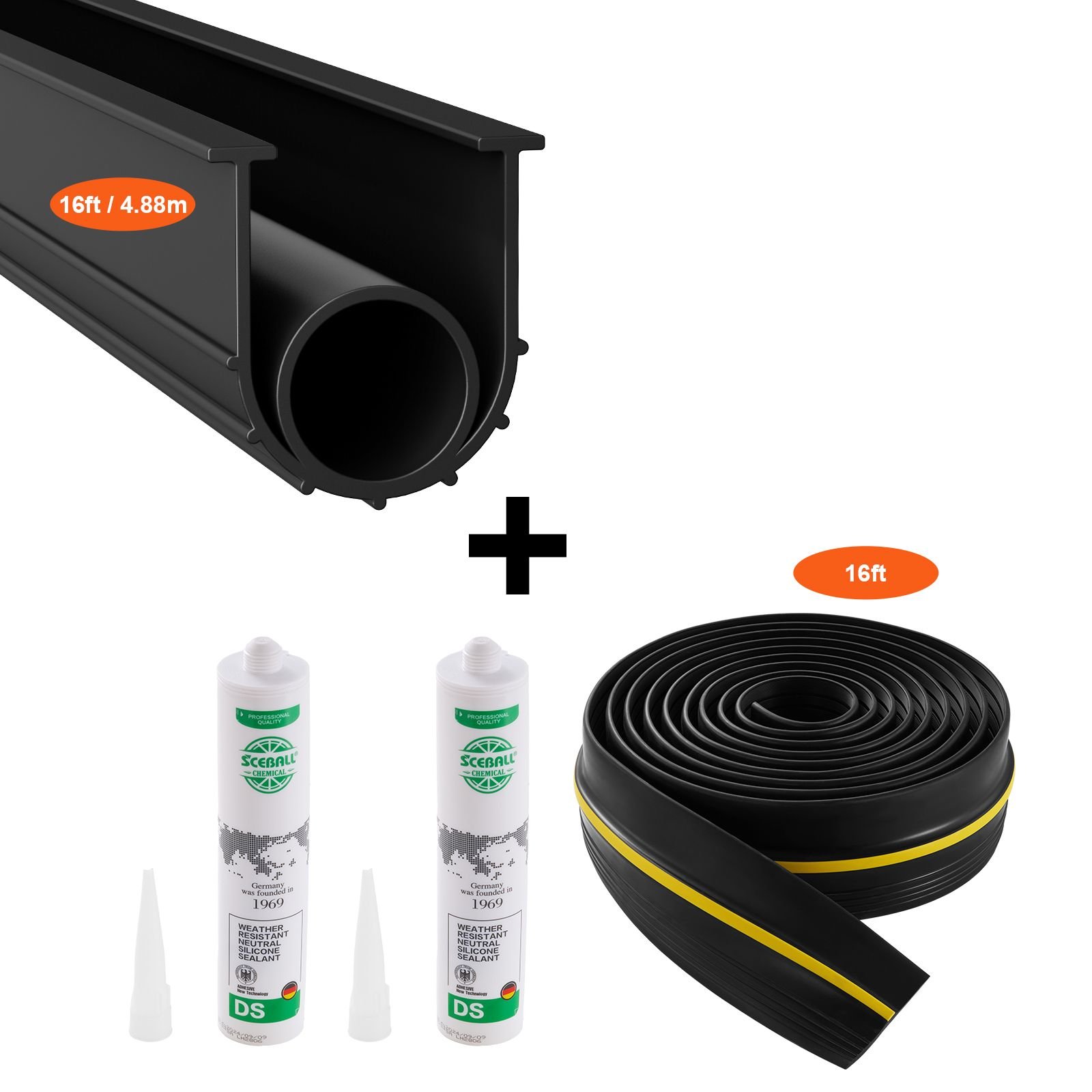 garage door threshold and bottom seals kit, 16 ft u shape+o ring universal garage door bottom seal weatherstrip pvc, combine with weatherproof garage threshold seal strip with adhesive, black