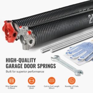 garage door torsion springs, 16000 cycles, pair of 0.25 x 2 x 30inch, garage door springs with non slip winding bars, mounting tool and gloves, electrophoresis coated, for replacement