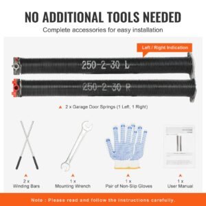 garage door torsion springs, 16000 cycles, pair of 0.25 x 2 x 30inch, garage door springs with non slip winding bars, mounting tool and gloves, electrophoresis coated, for replacement