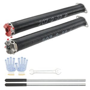 garage door torsion springs, pair of 0.207 x 2 x 22inch, 16000 cycles, garage door springs with non slip winding bars, gloves and mounting wrench, electrophoresis coated for replacement