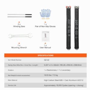 Garage Door Torsion Springs, Pair of 0.207 x 2 x 22inch, 16000 Cycles, Garage Door Springs with Non-Slip Winding Bars, Gloves and Mounting Wrench, Electrophoresis Coated for Replacement