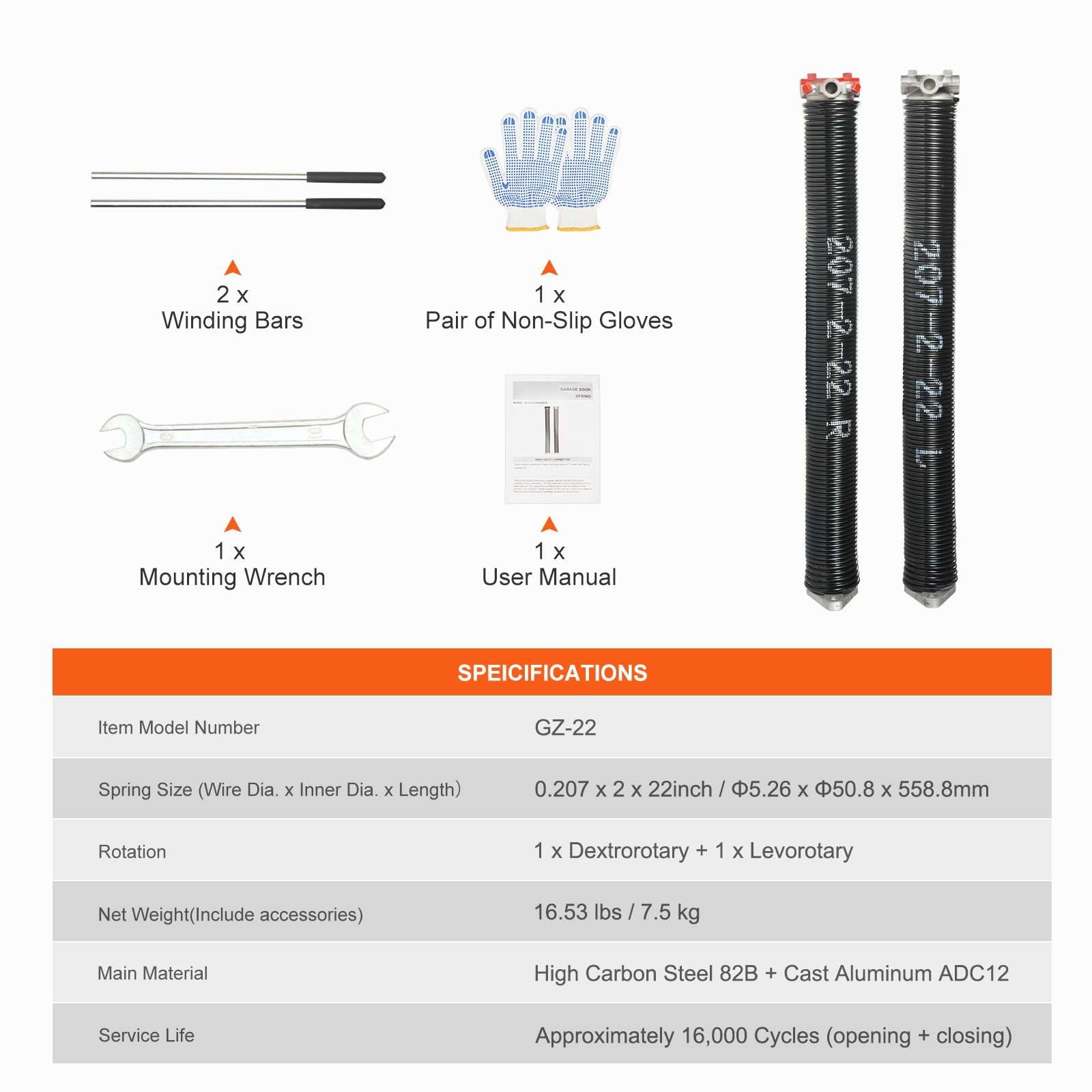 garage door torsion springs, pair of 0.207 x 2 x 22inch, 16000 cycles, garage door springs with non slip winding bars, gloves and mounting wrench, electrophoresis coated for replacement