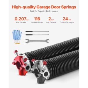 garage door torsion springs, pair of 0.207 x 2 x 24 in, 16000 cycles, electrophoresis black coated for replacement, garage door springs with non slip winding bars, gloves and mounting wrench