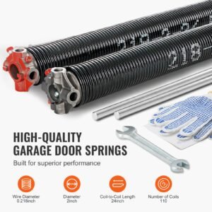 garage door torsion springs, pair of 0.218 x 2 x 24inch, garage door springs with non slip winding bars, 16000 cycles, gloves and mounting wrench, electrophoresis coated for replacement