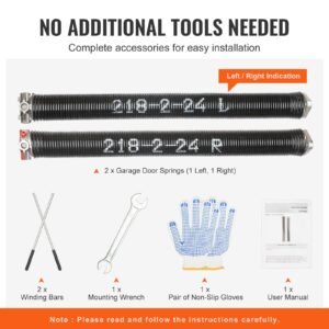 garage door torsion springs, pair of 0.218 x 2 x 24inch, garage door springs with non slip winding bars, 16000 cycles, gloves and mounting wrench, electrophoresis coated for replacement