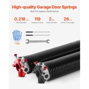 garage door torsion springs, pair of 0.218 x 2 x 26 in, 16000 cycles, electrophoresis black coated for replacement, garage door springs with non slip winding bars, gloves and mounting wrench