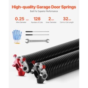 garage door torsion springs, pair of 0.25 x 2 x 32 in, 16000 cycles, electrophoresis black coated for replacement, garage door springs with non slip winding bars, gloves and mounting wrench