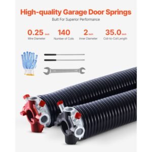 garage door torsion springs, pair of 0.250 x 2 x 35 in, 16000 cycles, electrophoresis black coated for replacement, garage door springs with non slip winding bars, gloves and mounting wrench