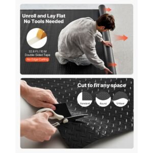 garage floor roll, 7.5 x 20 ft garage flooring mat, 2.2 mm thickened pvc diamond plate floor protector mat with double sided tape, non slip, easy to clean for warehouse, gyms, trailer, black