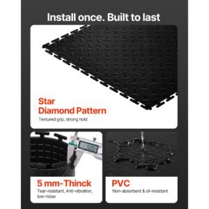garage floor tiles interlocking, 16 pack 20.2 x 20.2 x 0.2 in interlocking modular garage flooring tiles, diamond plate slip resistant pvc mats for workshop,warehouse,tool room, black