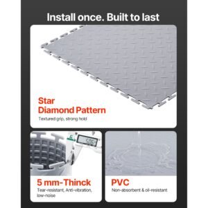 garage floor tiles interlocking, 16 pack 20.2 x 20.2 x 0.2 in interlocking modular garage flooring tiles, diamond plate slip resistant pvc mats for workshop,warehouse,tool room, light gray