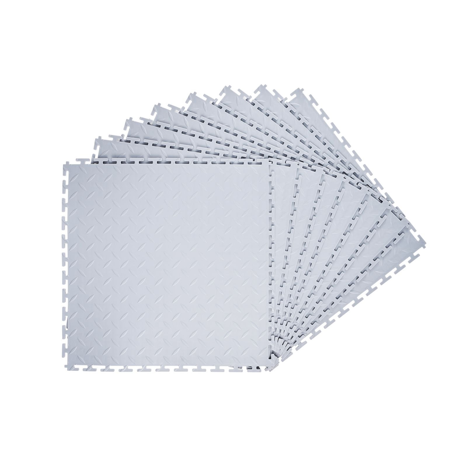 garage floor tiles interlocking, 8 pack 20.2 x 20.2 x 0.2 in interlocking modular garage flooring tiles, diamond plate slip resistant pvc mats for workshop,warehouse,tool room, silver