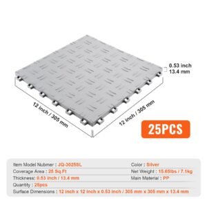garage tiles interlocking, 12 x 12 x 0.53 inch 25 pack garage floor covering tiles, non slip double sided texture garage flooring tiles, for garages, basements, repair shops, silver