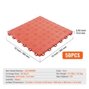 garage tiles interlocking, 12 x 12 x 0.53 inch 50 pack garage floor covering tiles, non slip double sided texture garage flooring tiles, for garages, basements, repair shops, red