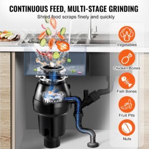 garbage disposal, 1/2 hp 3450rpm continuous feed food waste disposer, 3 bolt mount food waste grinding system with sound reduction, power cord & splash guard for kitchen sinks