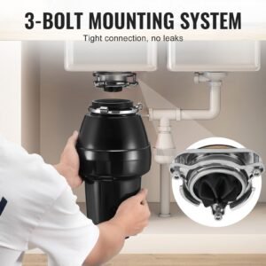 garbage disposal, 1/2 hp 3450rpm continuous feed food waste disposer, 3 bolt mount food waste grinding system with sound reduction, power cord & splash guard for kitchen sinks