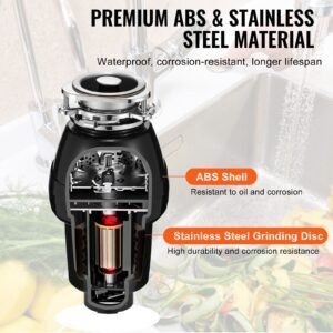 garbage disposal, 1/2 hp 3450rpm continuous feed food waste disposer, 3 bolt mount food waste grinding system with sound reduction, power cord & splash guard for kitchen sinks