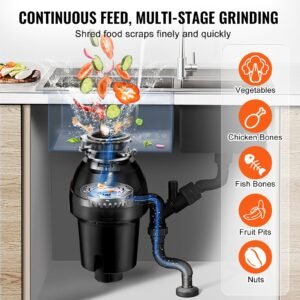 garbage disposal, 1.25hp 3360rpm continuous feed food waste disposer, ez connect food waste grinding system with sound reduction, power cord & splash guard for kitchen sinks