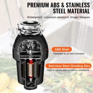 garbage disposal, 1.25hp 3360rpm continuous feed food waste disposer, ez connect food waste grinding system with sound reduction, power cord & splash guard for kitchen sinks