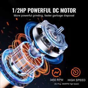 garbage disposal, 1/2hp 3450rpm continuous feed food waste disposer, ez connect food waste grinding system with power cord & splash guard for kitchen sinks