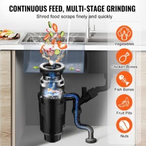 garbage disposal, 1/2hp 3450rpm continuous feed food waste disposer, ez connect food waste grinding system with power cord & splash guard for kitchen sinks