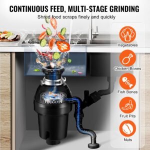garbage disposal, 1hp 3270rpm continuous feed food waste disposer, ez connect food waste grinding system with sound reduction, power cord & splash guard for kitchen sinks