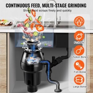 garbage disposal, 3/4 hp 3260rpm continuous feed food waste disposer, 3 bolt mount food waste grinding system with sound reduction, power cord & splash guard for kitchen sinks