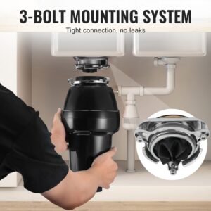 garbage disposal, 3/4 hp 3260rpm continuous feed food waste disposer, 3 bolt mount food waste grinding system with sound reduction, power cord & splash guard for kitchen sinks