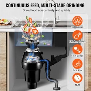 garbage disposal, 3/4hp 3250rpm continuous feed food waste disposer, ez connect food waste grinding system with sound reduction, power cord & splash guard for kitchen sinks