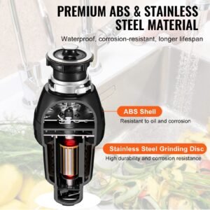 garbage disposal, 3/4hp 3250rpm continuous feed food waste disposer, ez connect food waste grinding system with sound reduction, power cord & splash guard for kitchen sinks