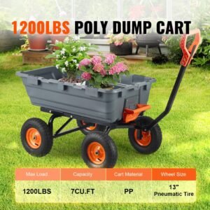 garden cart, durable poly dump cart with simple assembly steel frame, versatile dump wagon with dual function handle, 6.48 cu.ft utility barrow 1200 lbs load, 13 inch wheels