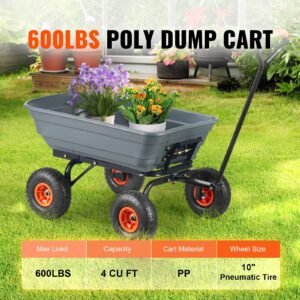garden cart, durable poly dump cart with simple assembly steel framework, versatile dump cart with dual function handle, handy wheelbarrow with 600 lbs load capacity, 10 inch wheels